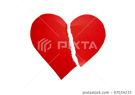 A torn red paper heart on an isolated white background. The concept of separation and unhappy love. The concept of health and medicine. A torn red paper heart on an isolated white background. The concept of separation and unhappy love. The concept of health and medicine. 97034235