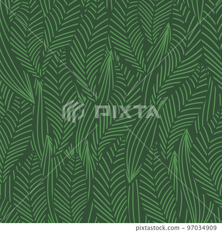 Tropical green leaves wallpaper, luxury nature leaves, leaf line design, hand drawn outline design for fabric, print, cover, banner and invitation 97034909