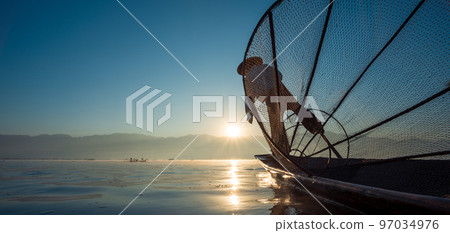 Fishermen in Inle Lake at sunrise, Shan State, Myanmar Fishermen in Inle Lake at sunrise, Shan State, Myanmar 97034976