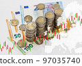 Pile of coins on euro banknotes and graph chart. Economy trends background for business idea concept 97035740