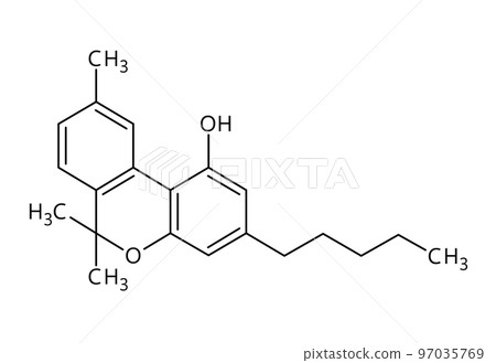 Cannabinol, or CBN, molecular structure. Cannabinol is mildly psychoactive cannabinoid extracted from cannabis. Vector structural formula of chemical compound with red bonds and black atom labels. 97035769