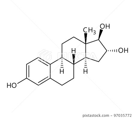 Estriol molecular structure. Estriol is a steroid, a weak estrogen, and a minor female sex hormone. Vector structural formula of chemical compound with red bonds and black atom labels. 97035772