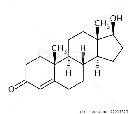 Testosterone molecular structure. Testosterone is the primary sex hormone and anabolic steroid in males. Vector structural formula of chemical compound with red bonds and black atom labels. Testosterone molecular structure. Testosterone is the primary sex hormone and anabolic steroid in males. Vector structural formula of chemical compound with red bonds and black atom labels. 97035775