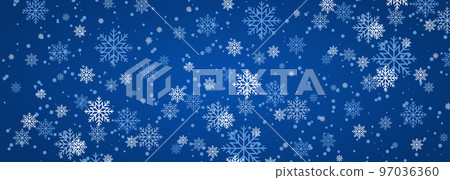 Christmas snowfall, festive mood, snow and swirling snowflakes on wide blue background. New year illustration with snowflakes. Christmas snowfall, festive mood, snow and swirling snowflakes on wide blue background. New year illustration with snowflakes. 97036360