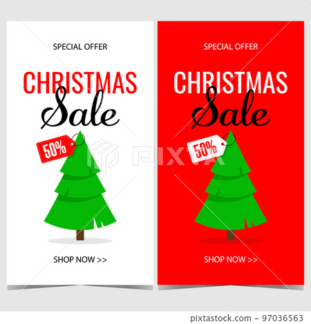 Christmas sale banner with 50 percent discount label or price tag hanging on a pine-tree. Vector poster or flyer for Christmas sale promotion during winter holidays shopping season. Ready to print. Christmas sale banner with 50 percent discount label or price tag hanging on a pine-tree. Vector poster or flyer for Christmas sale promotion during winter holidays shopping season. Ready to print. 97036563
