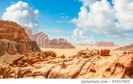 Red rocks, sands, mountains and landscape of Wadi Rum desert, Jordan Red rocks, sands, mountains and landscape of Wadi Rum desert, Jordan 97037003