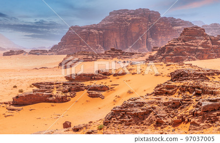 Red sands, mountains and marthian landscape of Wadi Rum desert, Jordan 97037005