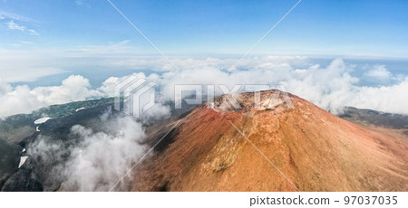 Tyatya volcano crater aerial panoramic view,, Kunashir Island, Kuril Islands, Russia 97037035