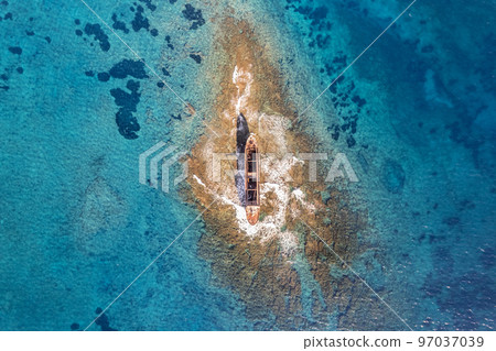 MV Demetrios II cargo ship wrecks on the coral riffs among the sea waves, Paphos, Cyprus 97037039