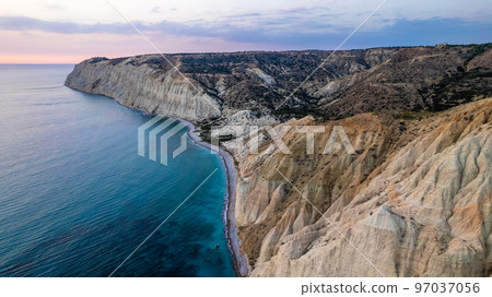 Sunset near cape Aspro cliffs aerial panorama from drone, Limassol, Cyprus Sunset near cape Aspro cliffs aerial panorama from drone, Limassol, Cyprus 97037056