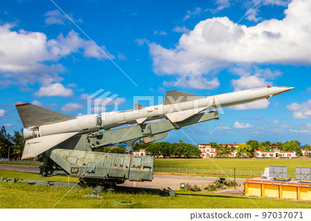 Rusty Soviet missile from 1962 Carribean crisis spointed to the blue sky, Havana, Cuba 97037071