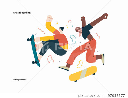 Lifestyle series - Skateboarding - modern flat vector illustration of a young male and female skaters jumping in the air with their skateboards.. People activities concept Lifestyle series - Skateboarding - modern flat vector illustration of a young male and female skaters jumping in the air with their skateboards.. People activities concept 97037577