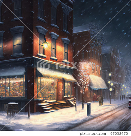 Winter small old town night landscape. Snowy cozy street with lights in houses, falling snow, people walking. Christmas holidays advent time backdrop. Generative AI. Not based on any actual scene 97038470