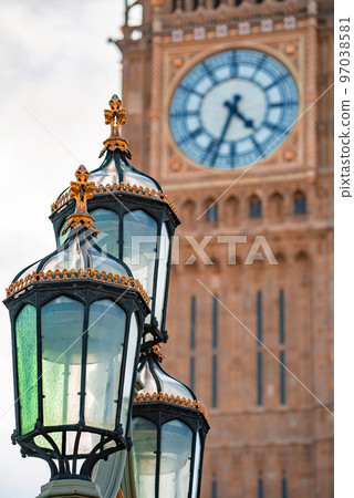 Close up view of the Big Ben clock tower and Westminster in London. Amazing details after renovation of the Big Ben. 97038581