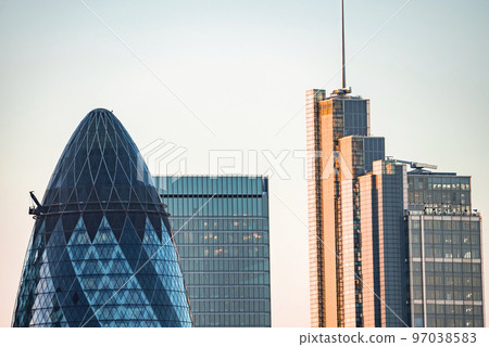This panoramic view of the City Square Mile financial district of London. Many iconic skyscrapers including the newly completed 22 Bishopsgate tower 97038583
