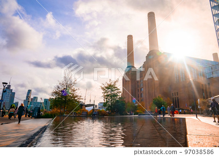 New Battersea Power Station in London England UK operating as a new shopping mall and cinema in newly opened residential and public centre in Battersea 97038586