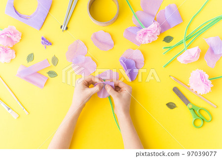 Easy paper craft with kids flowers. Mother's day. Hands. Happy birthday. Easy paper craft with kids flowers. Mother's day. Hands. Happy birthday. 97039077