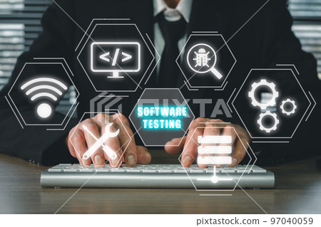 Man hand typing keyboard computer with SOFTWARE TESTING inscription icon on VR screen, Business, modern technology, internet and networking concept. 97040059