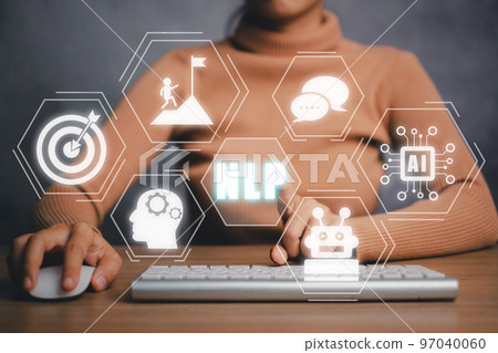 NLP natural language processing cognitive computing technology concept, Business person hand holding VR screen NLP icon with blue bokeh background, AI Artificial intelligence. 97040060