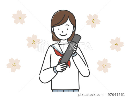 A female student in a sailor suit holding a diploma in her hand 97041361