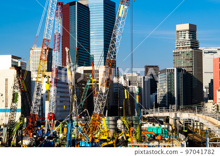 Tokyo Redevelopment Construction around Takanawa Gateway Station and cranes 2022.11 a-2 High saturation contrast 97041782