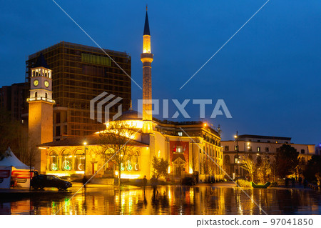 Ethem Bey Mosque at night on Skanderbeg Square. Tirana. Albania 97041850