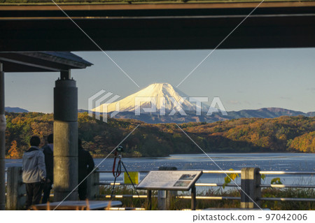 Mt.Fuji seen from Sayama lake north shore pavilion with blue sky and autumn leaves 97042006