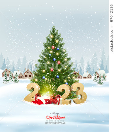 Merry Christmas and New Year holiday background with presents, christmas tree and and winter village and magic box. Vector. 97042156