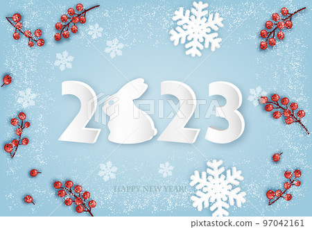 Merry Christmas and Happy New Year background with a 2023 letters, red berries and snowflakes. Year of the Rabbit concept. Vector 97042161