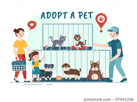 Adopt a Pet From an Animal Shelter in the Form of Cats or Dogs to Care for and Look After in Flat Cartoon Hand Drawn Templates Illustration 97043206