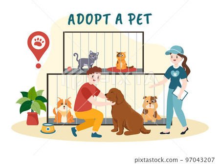 Adopt a Pet From an Animal Shelter in the Form of Cats or Dogs to Care for and Look After in Flat Cartoon Hand Drawn Templates Illustration Adopt a Pet From an Animal Shelter in the Form of Cats or Dogs to Care for and Look After in Flat Cartoon Hand Drawn Templates Illustration 97043207