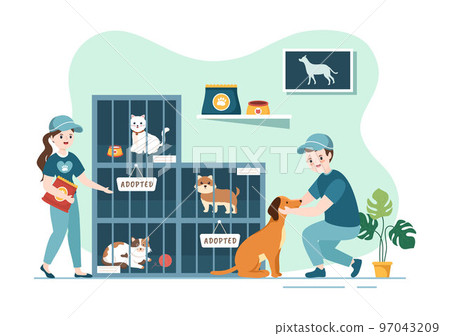 Adopt a Pet From an Animal Shelter in the Form of Cats or Dogs to Care for and Look After in Flat Cartoon Hand Drawn Templates Illustration Adopt a Pet From an Animal Shelter in the Form of Cats or Dogs to Care for and Look After in Flat Cartoon Hand Drawn Templates Illustration 97043209
