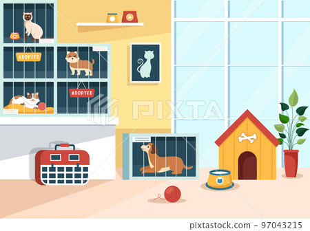 Adopt a Pet From an Animal Shelter in the Form of Cats or Dogs to Care for and Look After in Flat Cartoon Hand Drawn Templates Illustration Adopt a Pet From an Animal Shelter in the Form of Cats or Dogs to Care for and Look After in Flat Cartoon Hand Drawn Templates Illustration 97043215