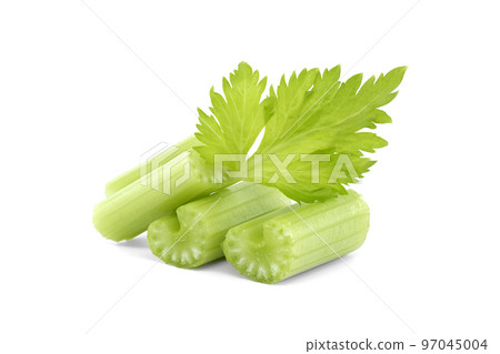Fresh celery stalks with leaves isolated on white Fresh celery stalks with leaves isolated on white 97045004