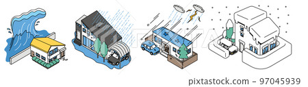 Isometric illustration of a simple house that meets a flood accident Isometric illustration of a simple house that meets a flood accident 97045939