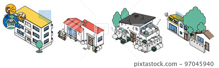 Neighbor troubles lurking nearby and isometric illustrations of simple houses 97045940