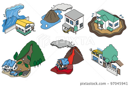 Isometric illustration of disaster risk, trouble and simple housing due to location conditions 97045941