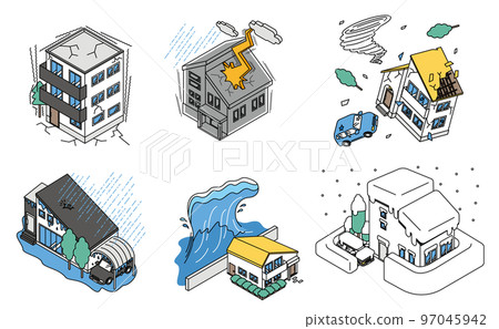 Isometric illustration of familiar natural disaster risk and simple housing 97045942