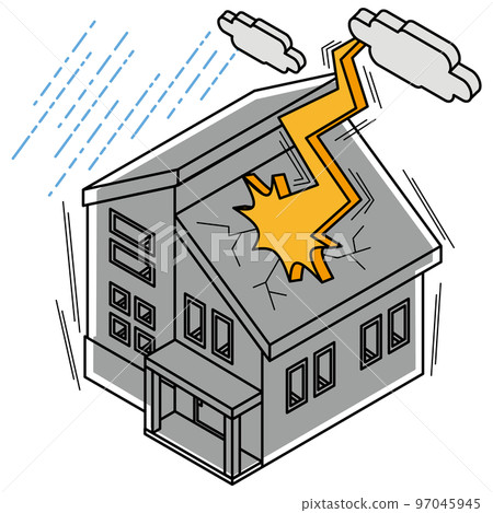 Isometric illustration of a house hit by lightning and turned into a power outage Isometric illustration of a house hit by lightning and turned into a power outage 97045945