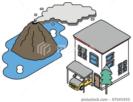 Isometric illustration of a house covered with volcanic ash from an eruption Isometric illustration of a house covered with volcanic ash from an eruption 97045950
