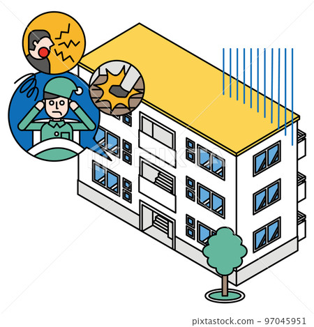 An isometric illustration of a man who can't sleep because of the noise of the collective housing 97045951