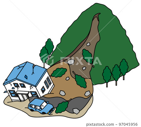Isometric illustration of a house damaged by a landslide in a nearby mountain Isometric illustration of a house damaged by a landslide in a nearby mountain 97045956