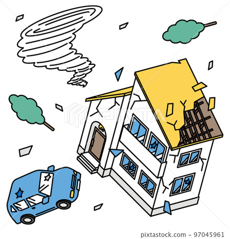 Isometric illustration of houses and cars damaged by tornado Isometric illustration of houses and cars damaged by tornado 97045961