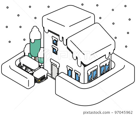 Isometric illustration of a house and a car suffering from heavy snow and snow damage 97045962
