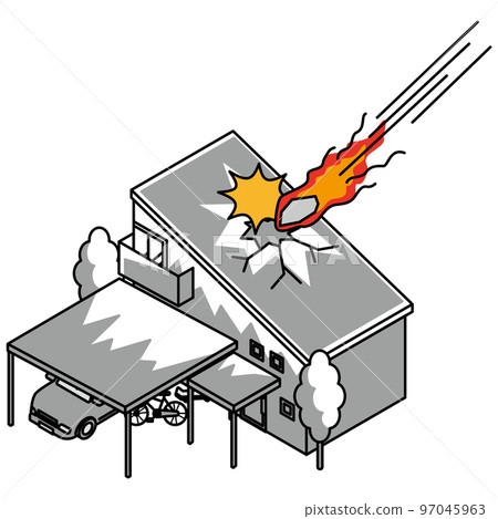 Isometric illustration of a house damaged by a meteorite 97045963