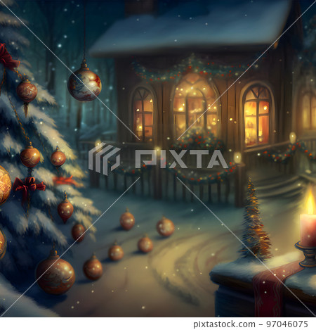 cozy fairytale winter house at snowy night, neural network generated art 97046075