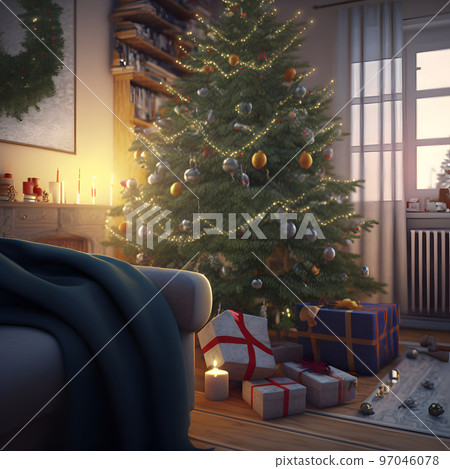 decorated christmas tree with gifts underneath in cozy domestic interior, neural network generated art 97046078