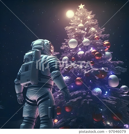 astronaut stands next to a christmas tree decorated with planets, low angle shot, neural network generated art 97046079