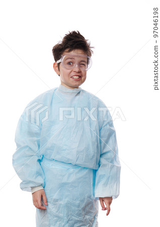 Waist-length emotional portrait on white background, surprised shocked teen nerd schoolboy, young chemist scientist in lab coat and glasses with a chaotic hairstyle, smiling in surprise at the camera 97046198