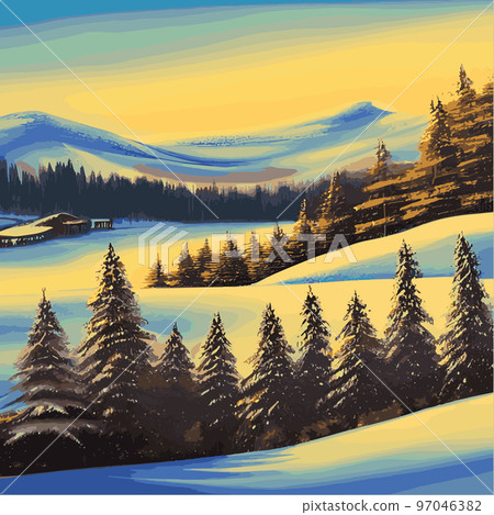 Vintage Christmas landscape wide background Illustration retro Christmas landscape background, with echoes, snowy and elegant winter and new year holidays. Winter rural landscape. Vector illustration 97046382